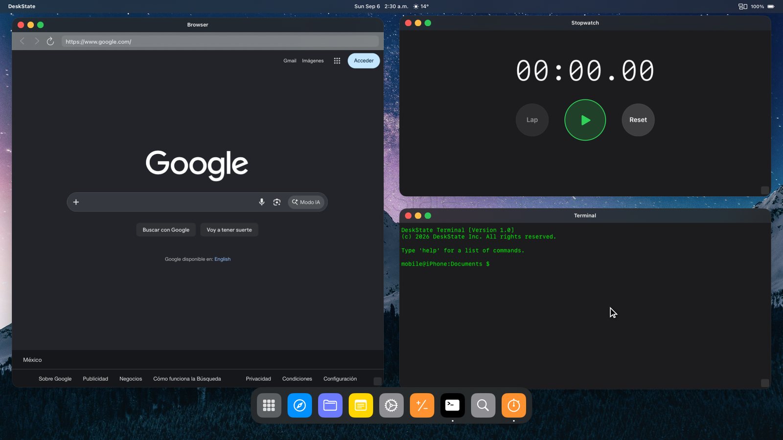 DeskState desktop on a 1080p monitor in dark mode: browser snapped to the left half, stopwatch and terminal in the right quarters, dock below