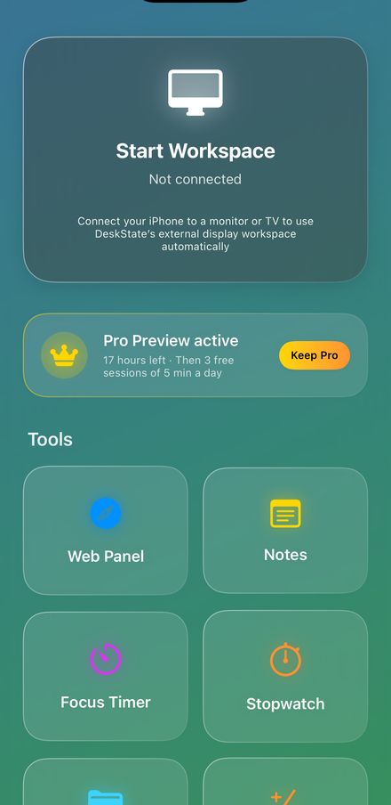DeskState home screen showing the Pro Preview card with 18 hours left